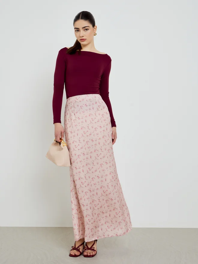 Styli Pink Floral Pink Flared Hem Maxi Skirt