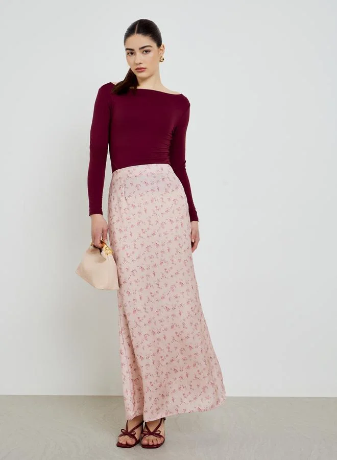 Styli Styli Pink Floral Pink Flared Hem Maxi Skirt