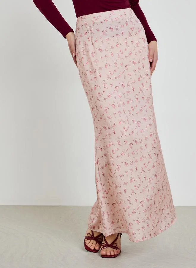 Styli Pink Floral Pink Flared Hem Maxi Skirt