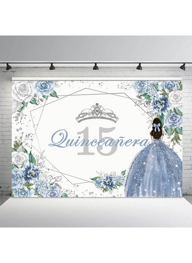 MEHOFOND Quinceanera 15 Backdrop For Sweet 15 Quince Años Girls Party Banner Blue Floral Background Sliver Glitter Crown Princess Quinceañera Birthday Decorations Props Cake Table Supplies 7X5Ft  - Image 1