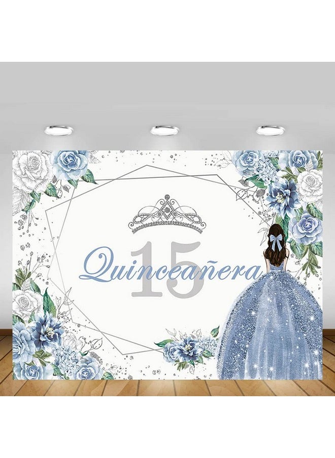 MEHOFOND Quinceanera 15 Backdrop For Sweet 15 Quince Años Girls Party Banner Blue Floral Background Sliver Glitter Crown Princess Quinceañera Birthday Decorations Props Cake Table Supplies 7X5Ft  - Image 5