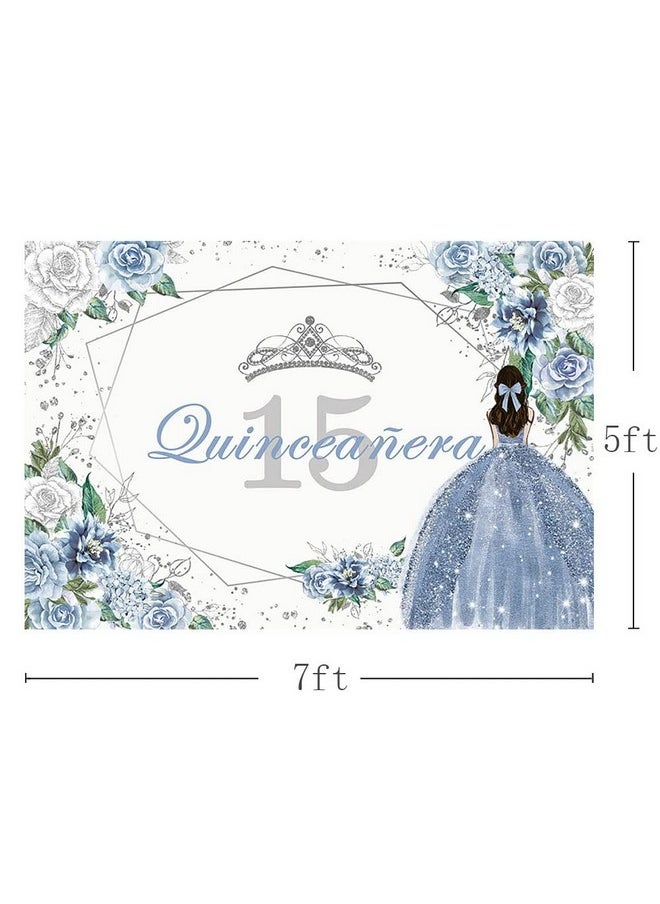 MEHOFOND Quinceanera 15 Backdrop For Sweet 15 Quince Años Girls Party Banner Blue Floral Background Sliver Glitter Crown Princess Quinceañera Birthday Decorations Props Cake Table Supplies 7X5Ft  - Image 3