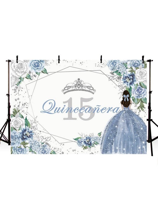 MEHOFOND Quinceanera 15 Backdrop For Sweet 15 Quince Años Girls Party Banner Blue Floral Background Sliver Glitter Crown Princess Quinceañera Birthday Decorations Props Cake Table Supplies 7X5Ft  - Image 2