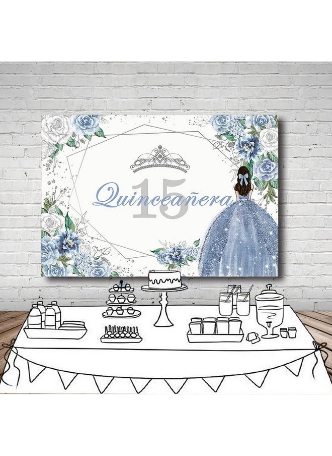 MEHOFOND Quinceanera 15 Backdrop For Sweet 15 Quince Años Girls Party Banner Blue Floral Background Sliver Glitter Crown Princess Quinceañera Birthday Decorations Props Cake Table Supplies 7X5Ft  - Image 4