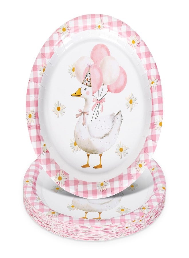 FYSUIMU 24 Pcs One Silly Goose Paper Plates Pink Plaid Goose Daisy Disposable Plates 9 Inch Watercolor Party Tableware for Birthday Baby Shower Table Decor Supplies - Image 1