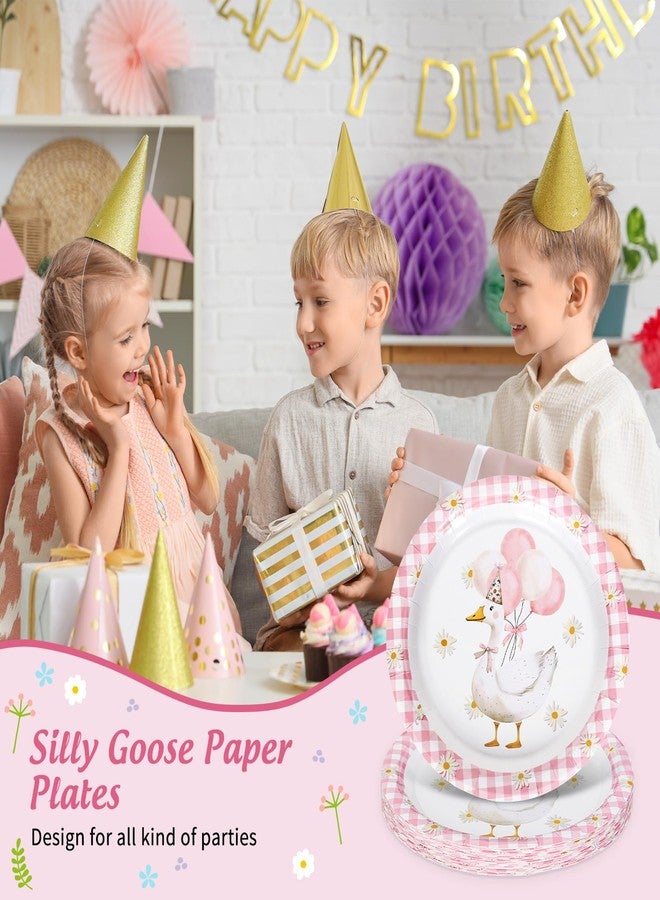 FYSUIMU 24 Pcs One Silly Goose Paper Plates Pink Plaid Goose Daisy Disposable Plates 9 Inch Watercolor Party Tableware for Birthday Baby Shower Table Decor Supplies - Image 4
