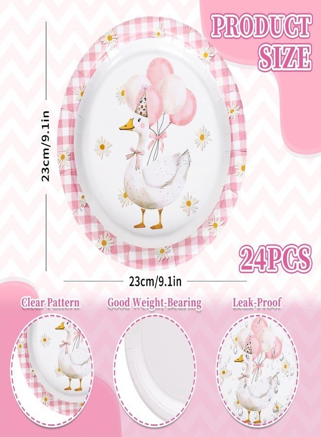 FYSUIMU 24 Pcs One Silly Goose Paper Plates Pink Plaid Goose Daisy Disposable Plates 9 Inch Watercolor Party Tableware for Birthday Baby Shower Table Decor Supplies - Image 2