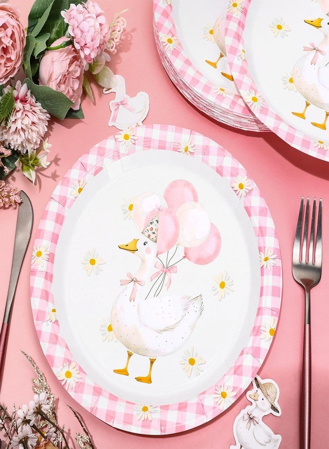 FYSUIMU 24 Pcs One Silly Goose Paper Plates Pink Plaid Goose Daisy Disposable Plates 9 Inch Watercolor Party Tableware for Birthday Baby Shower Table Decor Supplies - Image 3