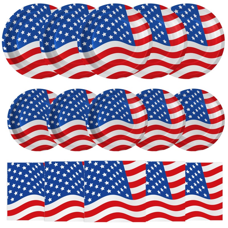 4th of July Plates and Napkins Sets Patriotic American Flag Party Supplies Tableware July 4th Disposable Paper Plates Napkins Set for Memorial Day Independence Day Decorations Table DecorServe 50
