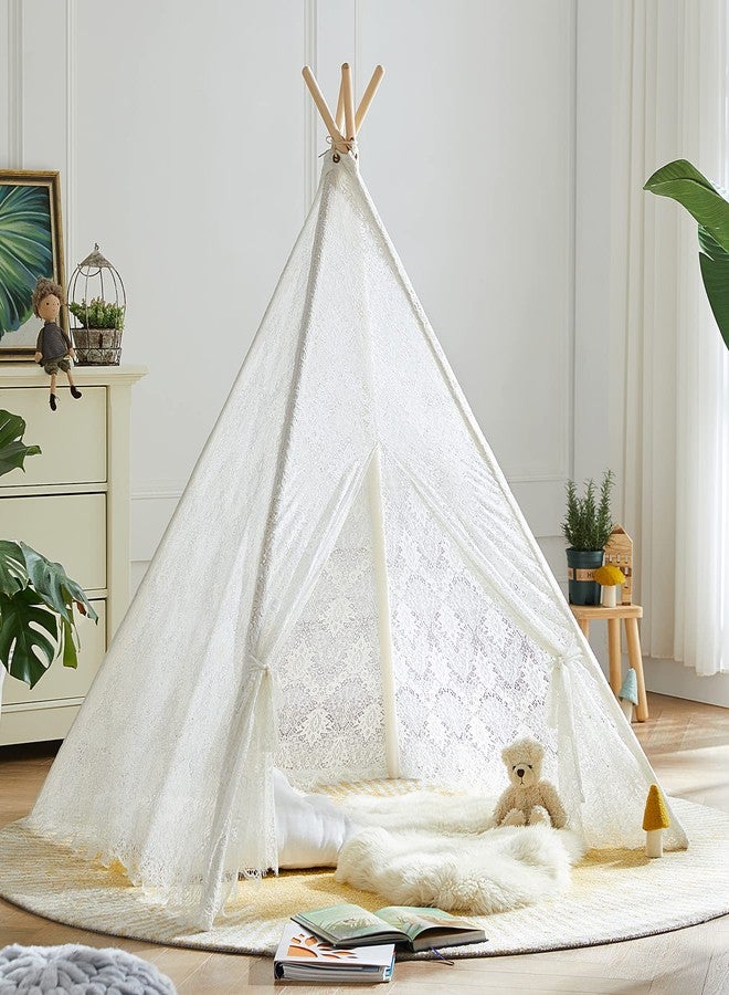 Asweets Kids Teepee Tent, Children Play Tent, Indoor Outdoor Cotton Play Tent for Girls & Boys Kids (White Lace Tent) - Image 1