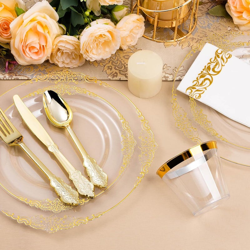 Bestluck 350PCS Clear Gold Plastic Plates for 50 Guests, Disposable Dinnerware Set Includes 100 Clear Disposable Plates, 150 Gold Silverware, 50 Cups, 50 Napkins for Party, Wedding - Image 3