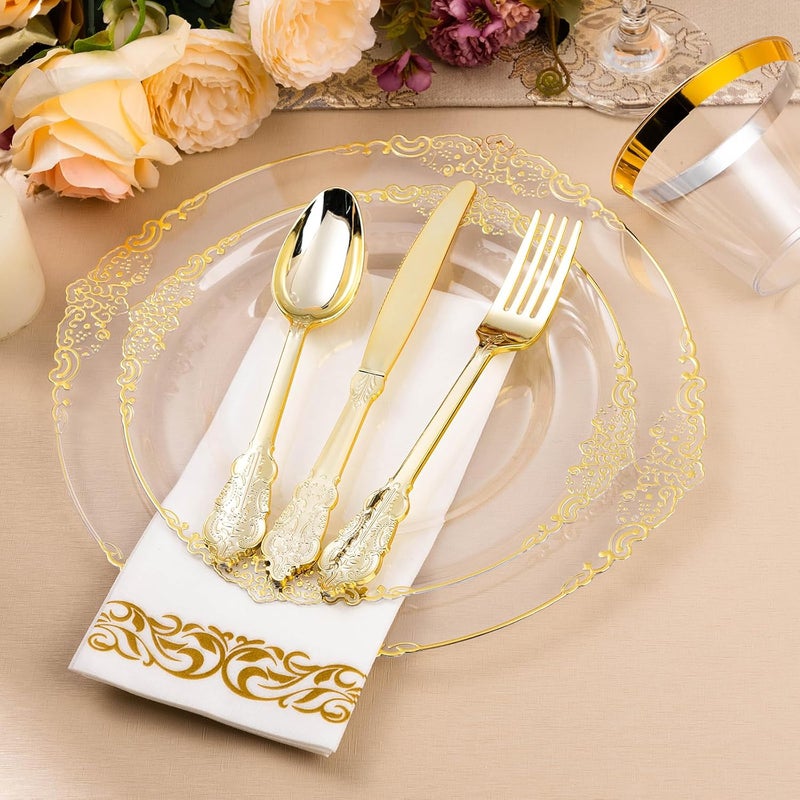 Bestluck 350PCS Clear Gold Plastic Plates for 50 Guests, Disposable Dinnerware Set Includes 100 Clear Disposable Plates, 150 Gold Silverware, 50 Cups, 50 Napkins for Party, Wedding - Image 4