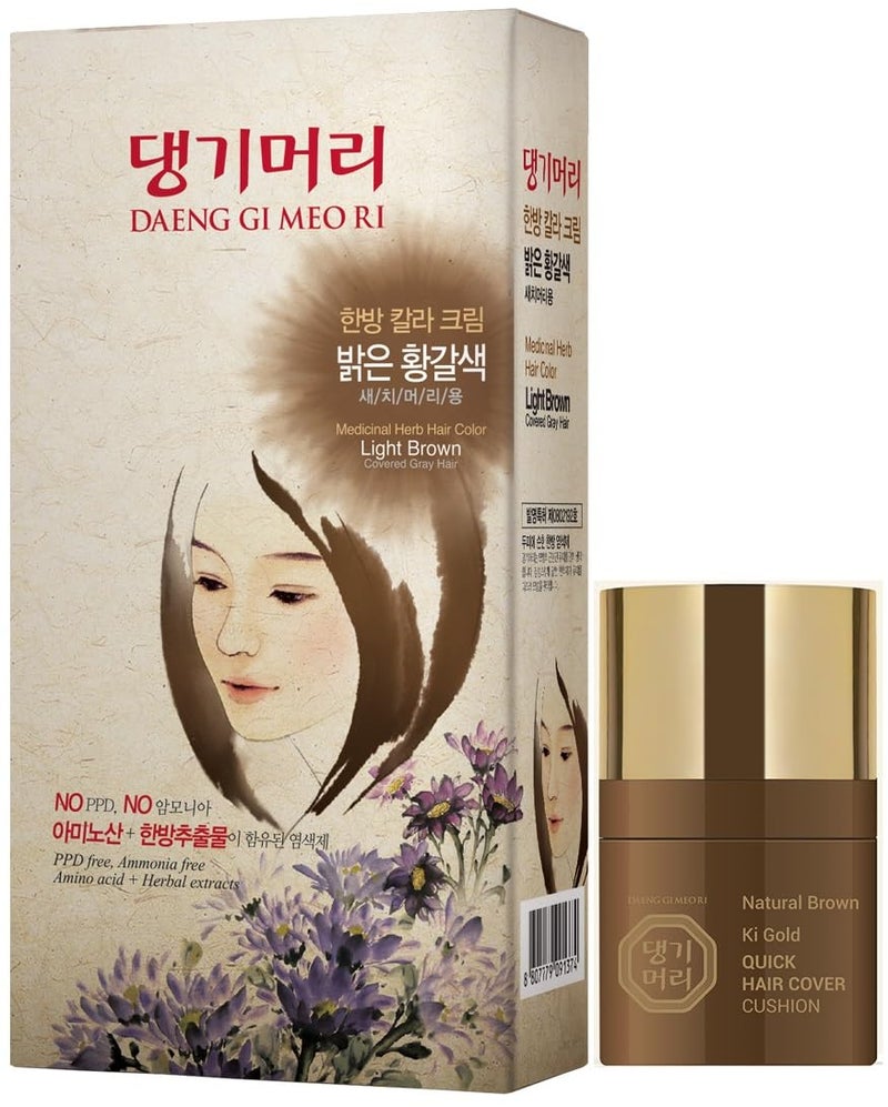 Daeng Gi Meo Ri â€“ Korean Herbal Hair Dye Color Cream [Light Brown] - PPD-Free Gray Hair Protection, High-Keratin Formula, 5 Oz + Ki Gold Quick Hair Cover Cushion [Natural Brown] 8ml - Image 1