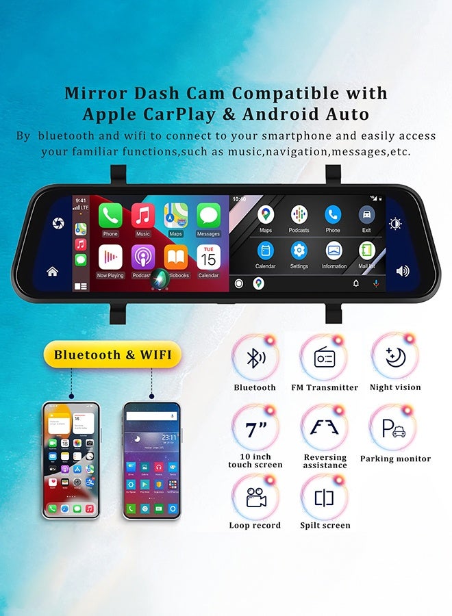 شو وو كاميرا مرآة الرؤية الخلفية مع Carplay وAndroid Auto، كاميرا لوحة القيادة الأمامية والخلفية بدقة 1080 بكسل مقاس 9.66 بوصة مع التحكم الصوتي، والرؤية الليلية، ومراقبة وقوف السيارات، ومساعدة الرجوع للخلف، وبطاقة مجانية 128 جيجابايت للسيارات والشاحنات - Image 2