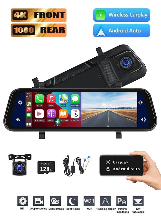 شو وو كاميرا مرآة الرؤية الخلفية مع Carplay وAndroid Auto، كاميرا لوحة القيادة الأمامية والخلفية بدقة 1080 بكسل مقاس 9.66 بوصة مع التحكم الصوتي، والرؤية الليلية، ومراقبة وقوف السيارات، ومساعدة الرجوع للخلف، وبطاقة مجانية 128 جيجابايت للسيارات والشاحنات - Image 1