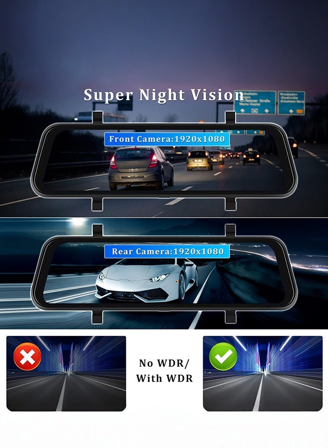 شو وو كاميرا مرآة الرؤية الخلفية مع Carplay وAndroid Auto، كاميرا لوحة القيادة الأمامية والخلفية بدقة 1080 بكسل مقاس 9.66 بوصة مع التحكم الصوتي، والرؤية الليلية، ومراقبة وقوف السيارات، ومساعدة الرجوع للخلف، وبطاقة مجانية 128 جيجابايت للسيارات والشاحنات - Image 3