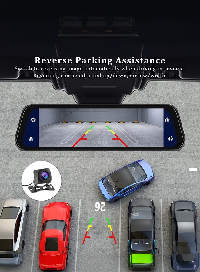 شو وو كاميرا مرآة الرؤية الخلفية مع Carplay وAndroid Auto، كاميرا لوحة القيادة الأمامية والخلفية بدقة 1080 بكسل مقاس 9.66 بوصة مع التحكم الصوتي، والرؤية الليلية، ومراقبة وقوف السيارات، ومساعدة الرجوع للخلف، وبطاقة مجانية 128 جيجابايت للسيارات والشاحنات - Image 5