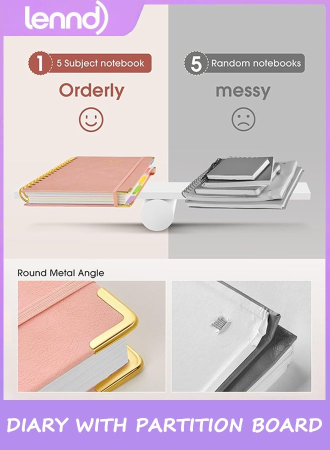 LENND Hardcover Spiral Notebook Journal with Removable Dividers Tabs, 300 Pages Leather 5 Subject Notebook College Ruled,  Large B5 Notebooks for Work School Note taking, Lined Journal for Women - Image 4