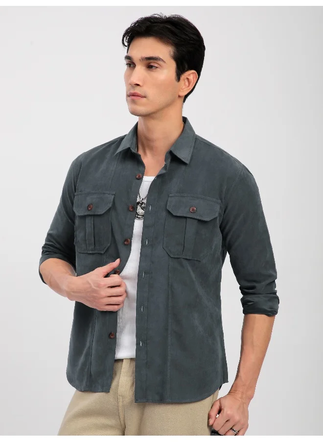 Beyoung Grey Panel Suede Shirt