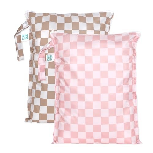 Bumkins Larger Waterproof Wet Bag For Baby Travel Swim Suit Cloth Diapers Pump Parts Pool Gym Toiletry Strap to Stroller Reusable Easy to Clean 2pk Beige Pink Check - Image 1