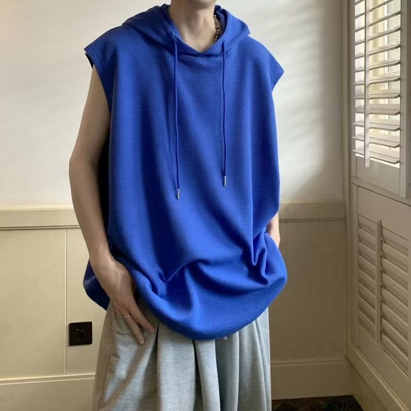 2023 Mens Hooded Vest Loose Houndstooth Sleeveless Sweatshirt Blue - Image 1