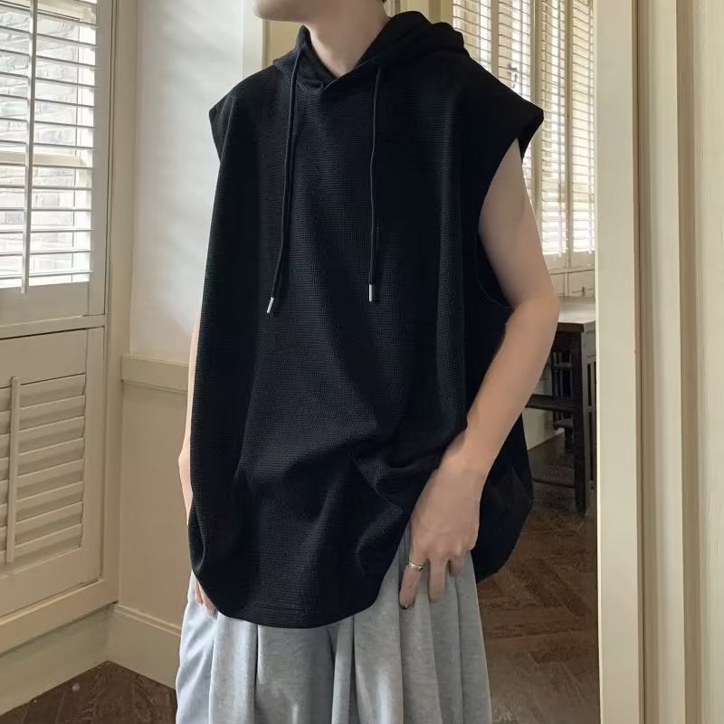 2023 Mens Hooded Vest Loose Houndstooth Sleeveless Sweatshirt Blue - Image 2