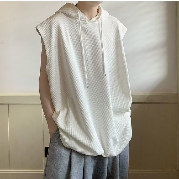 2023 Mens Hooded Vest Loose Houndstooth Sleeveless Sweatshirt Blue - Image 4