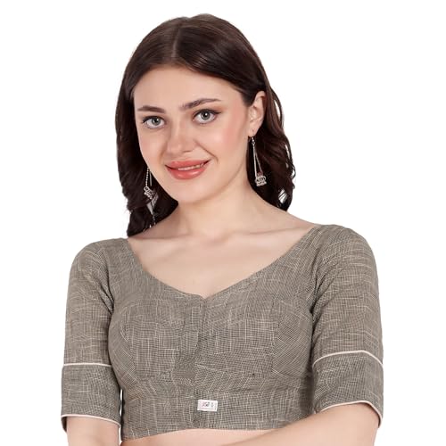 JISB Women's Cotton Micro Checks Elbow Sleeve Blouse (Brown, 40) - Image 1