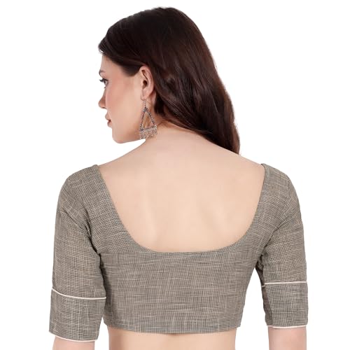 JISB Women's Cotton Micro Checks Elbow Sleeve Blouse (Brown, 40) - Image 3
