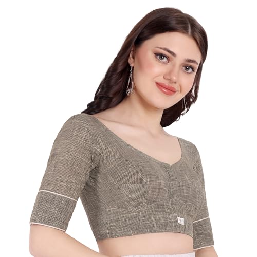JISB Women's Cotton Micro Checks Elbow Sleeve Blouse (Brown, 40) - Image 2