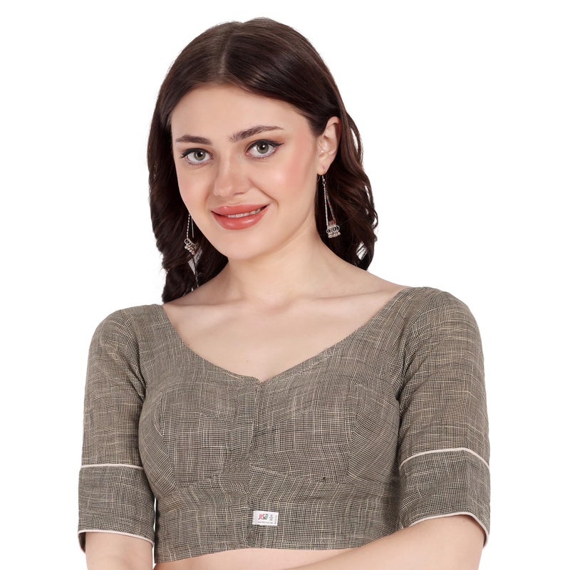JISB Women's Cotton Micro Checks Elbow Sleeve Blouse (Brown, 40) - Image 5