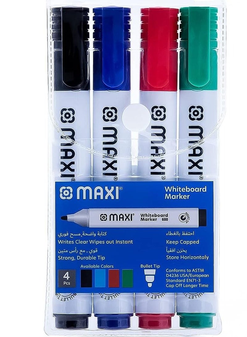 Maxi Maxi whiteboard marker bullettip wallet of4pcs,assorted colours blue,black,red,green, dry erase marker writes clear wipes out instant, 600-4  - Image 1