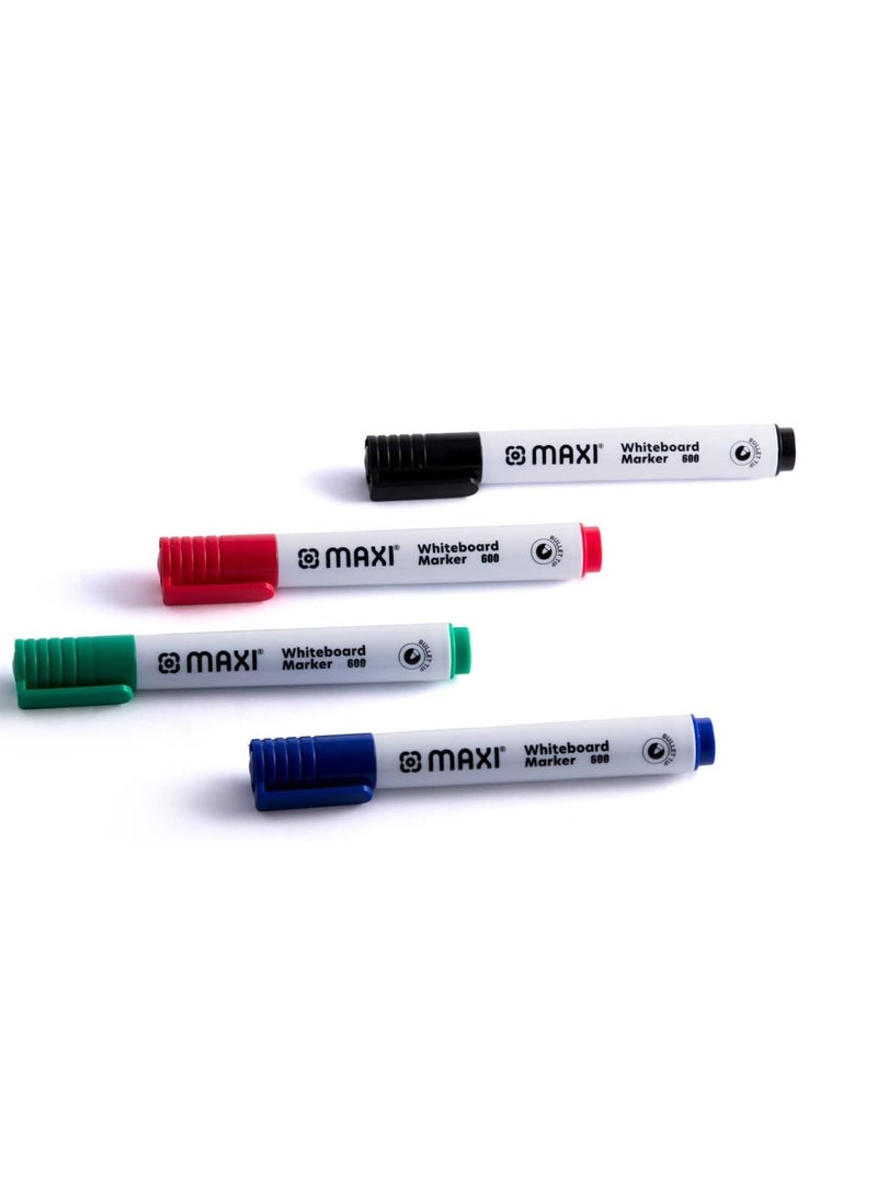 Maxi Maxi whiteboard marker bullettip wallet of4pcs,assorted colours blue,black,red,green, dry erase marker writes clear wipes out instant, 600-4  - Image 2