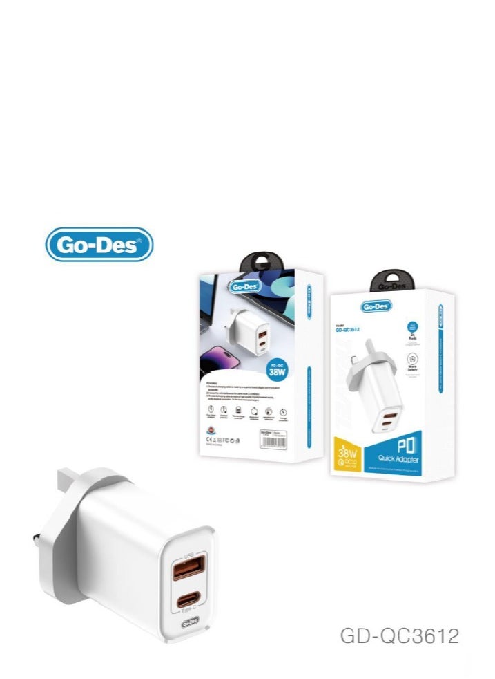 GO-DES Go-Des 38W PD + QC 3.0 Dual-Port Fast Travel Charger USB-C USB-A Wall Adapter with Smart Protection  - Image 1
