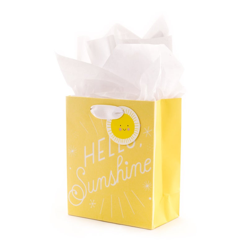 Hallmark 6 Small Yellow Gift Bag with Tissue Paper Hello Sunshine For Baby Showers Birthdays Get Well or Any Occasion