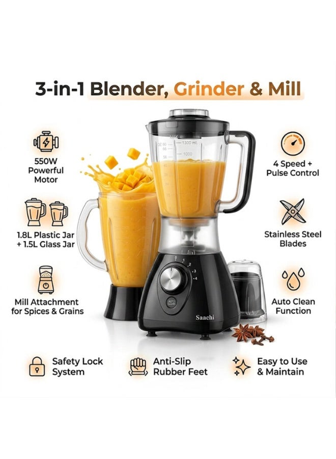 Saachi 3-in-1 Blender NL-BL-4414-BK, 550W, 1.8L Plastic Jar + 1.5L Glass Jar, Grinder Mill, 4-Speed Control, Stainless Steel Blades, Auto Clean, Safety Lock, Multi-Function Blender 1.8 L 550 W NL-BL-4414-BK black - Image 3