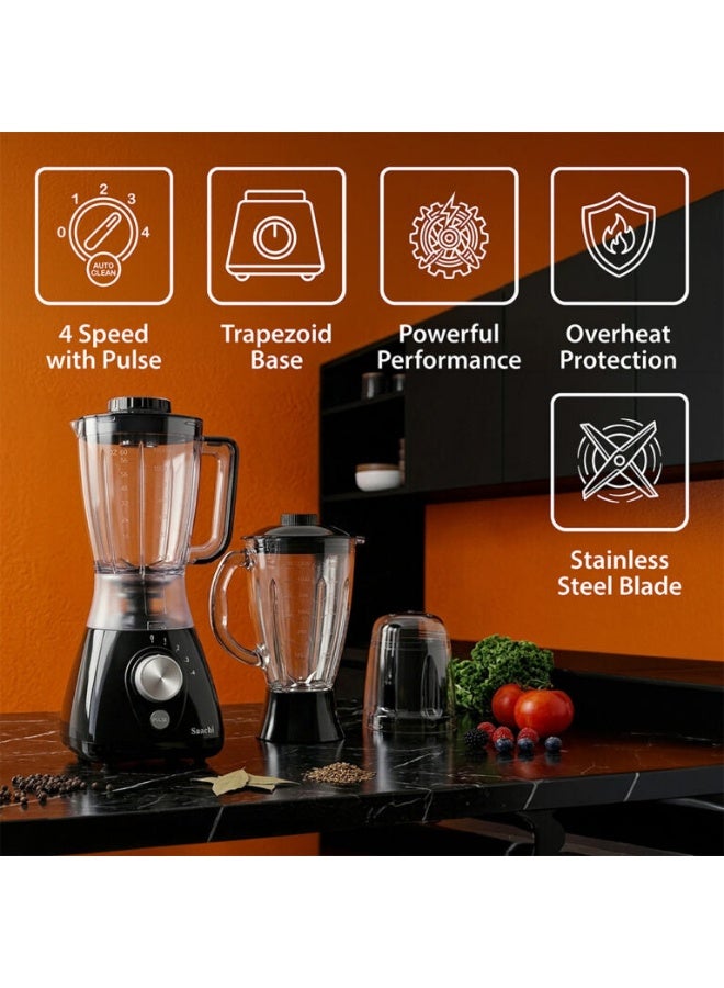 Saachi 3-in-1 Blender NL-BL-4414-BK, 550W, 1.8L Plastic Jar + 1.5L Glass Jar, Grinder Mill, 4-Speed Control, Stainless Steel Blades, Auto Clean, Safety Lock, Multi-Function Blender 1.8 L 550 W NL-BL-4414-BK black - Image 4