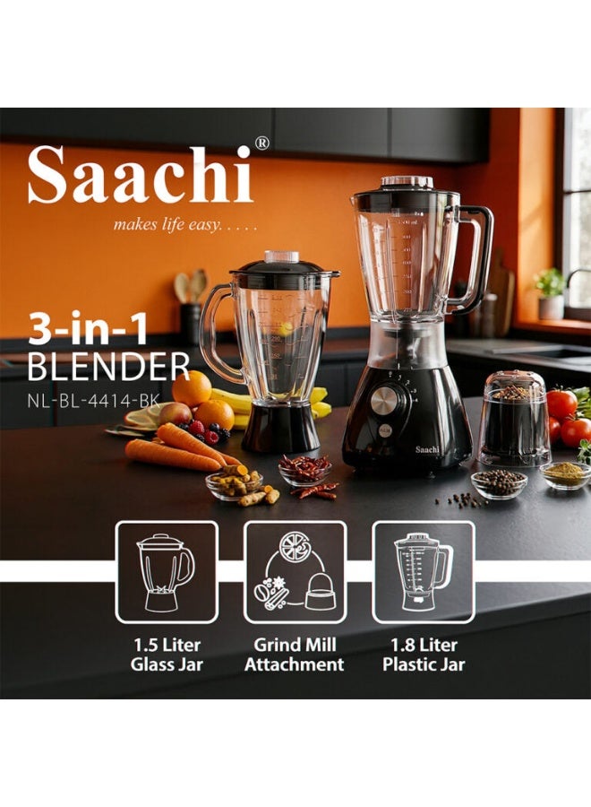 Saachi 3-in-1 Blender NL-BL-4414-BK, 550W, 1.8L Plastic Jar + 1.5L Glass Jar, Grinder Mill, 4-Speed Control, Stainless Steel Blades, Auto Clean, Safety Lock, Multi-Function Blender 1.8 L 550 W NL-BL-4414-BK black - Image 5