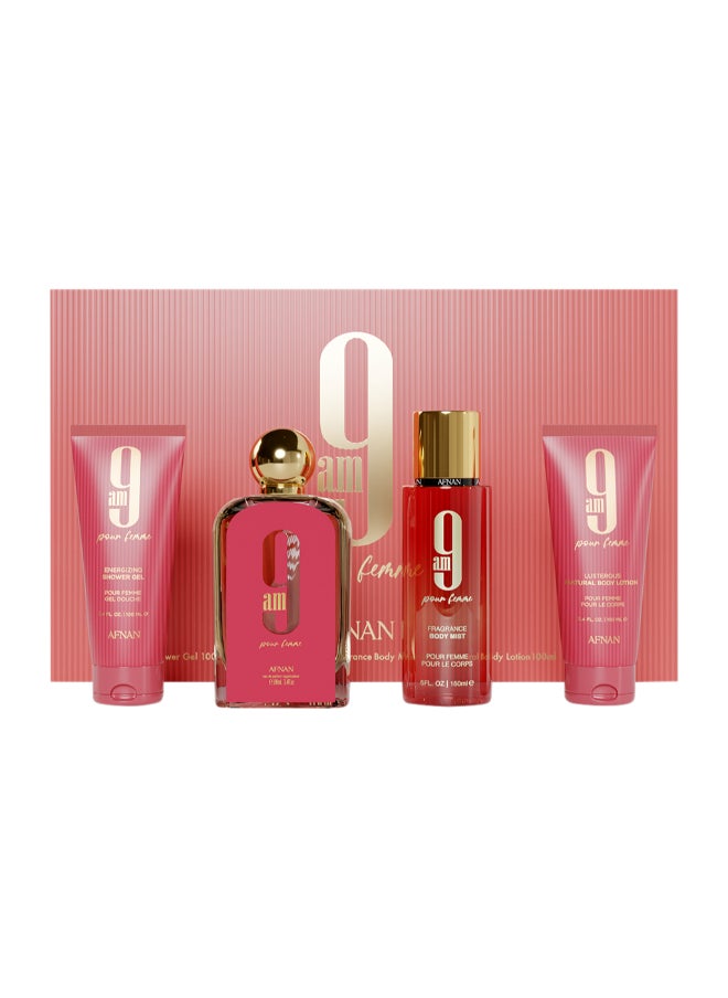 Afnan Gift Set 9 Am Femme Eau De Parfum 100 Ml + Shower Gel 100 Ml + Body Lotion100 Ml + Body Mist 150 Ml, Perfume Gift Set For Women  - Image 1
