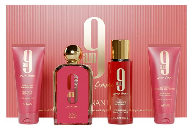 Afnan Gift Set 9 Am Femme Eau De Parfum 100 Ml + Shower Gel 100 Ml + Body Lotion100 Ml + Body Mist 150 Ml, Perfume Gift Set For Women - Image 1
