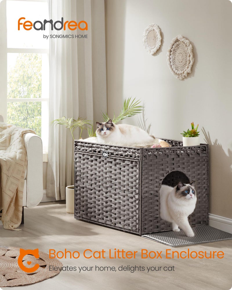 Feandrea Cat Litter Box Enclosure, Handwoven Rattan Hidden Litter Box Furniture with Extra Litter Mat, Removable Washable Tray, Boho Cat House, End Table, Dove Gray UPCL014G01 - Image 2