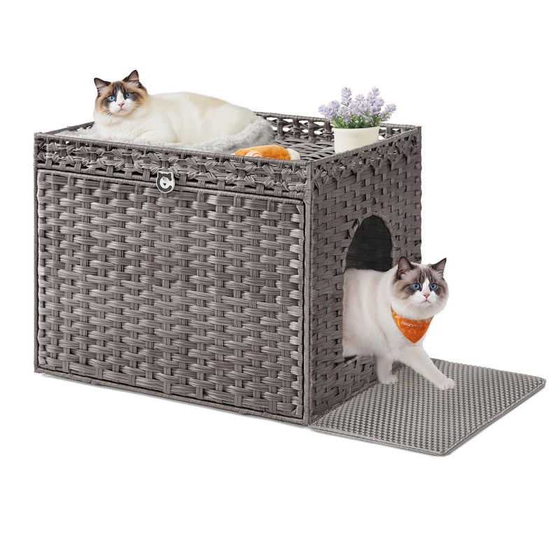 Feandrea Cat Litter Box Enclosure, Handwoven Rattan Hidden Litter Box Furniture with Extra Litter Mat, Removable Washable Tray, Boho Cat House, End Table, Dove Gray UPCL014G01 - Image 1