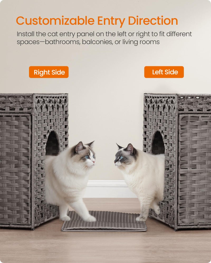 Feandrea Cat Litter Box Enclosure, Handwoven Rattan Hidden Litter Box Furniture with Extra Litter Mat, Removable Washable Tray, Boho Cat House, End Table, Dove Gray UPCL014G01 - Image 5