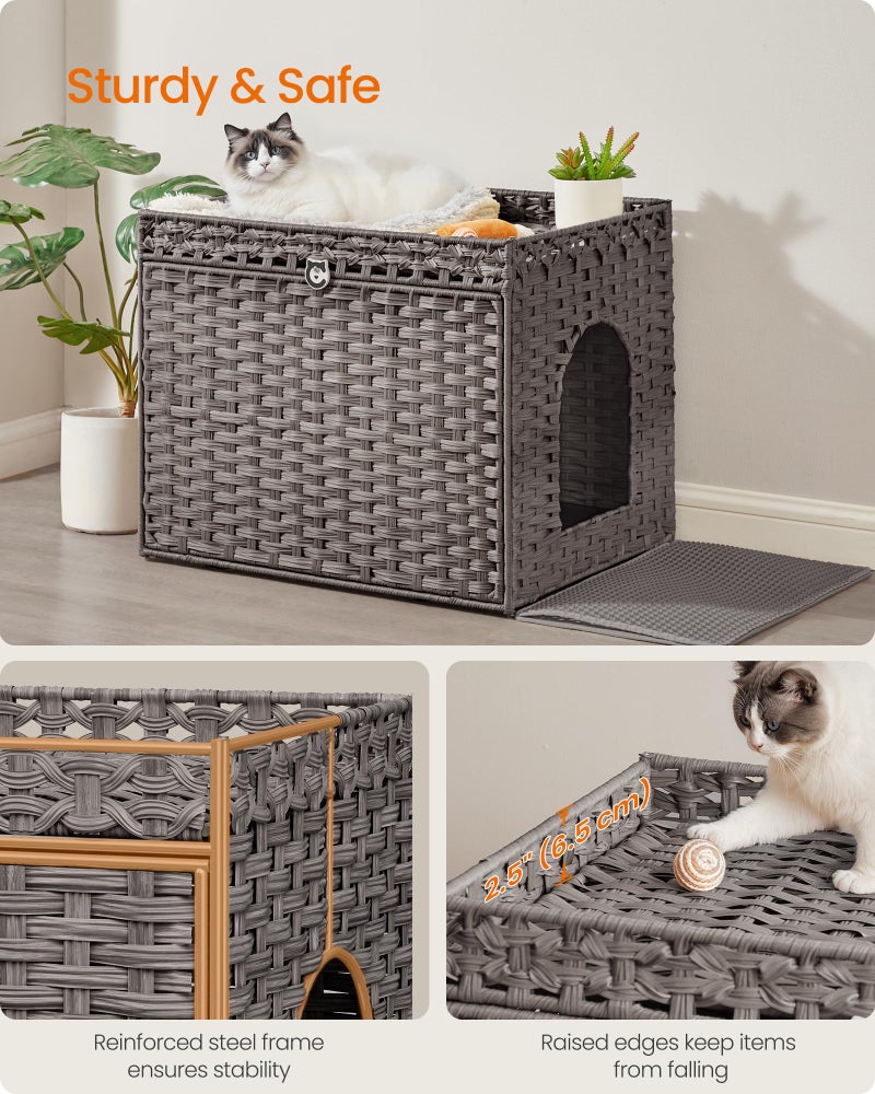 Feandrea Cat Litter Box Enclosure, Handwoven Rattan Hidden Litter Box Furniture with Extra Litter Mat, Removable Washable Tray, Boho Cat House, End Table, Dove Gray UPCL014G01 - Image 4