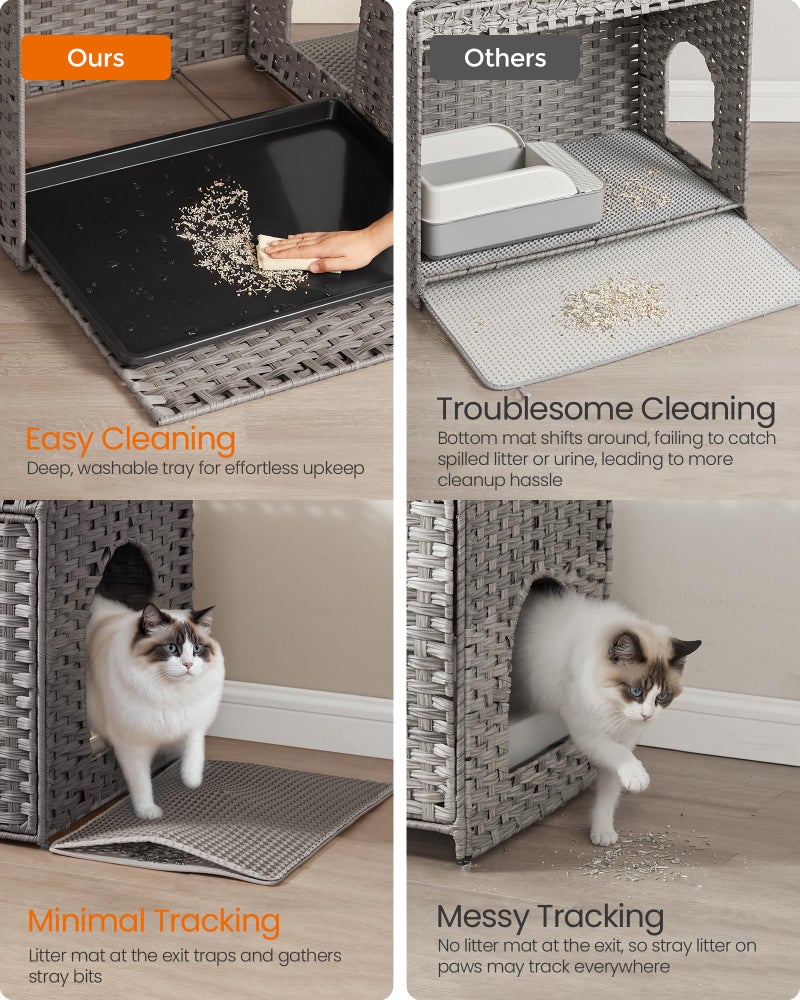 Feandrea Cat Litter Box Enclosure, Handwoven Rattan Hidden Litter Box Furniture with Extra Litter Mat, Removable Washable Tray, Boho Cat House, End Table, Dove Gray UPCL014G01 - Image 3