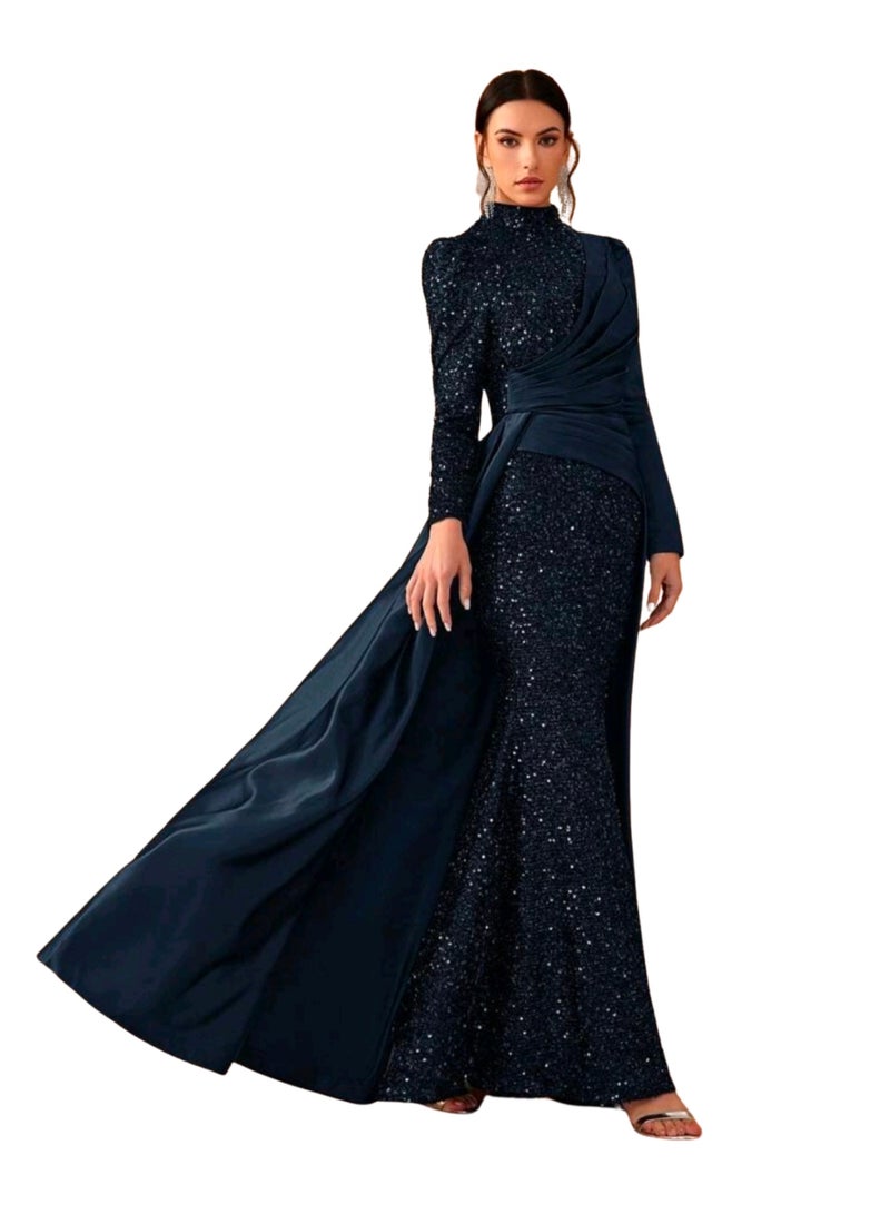 LokalMart Women's Navy Blue Sequin Satin Maxi Evening Gown with Overskirt, Medium - Image 2