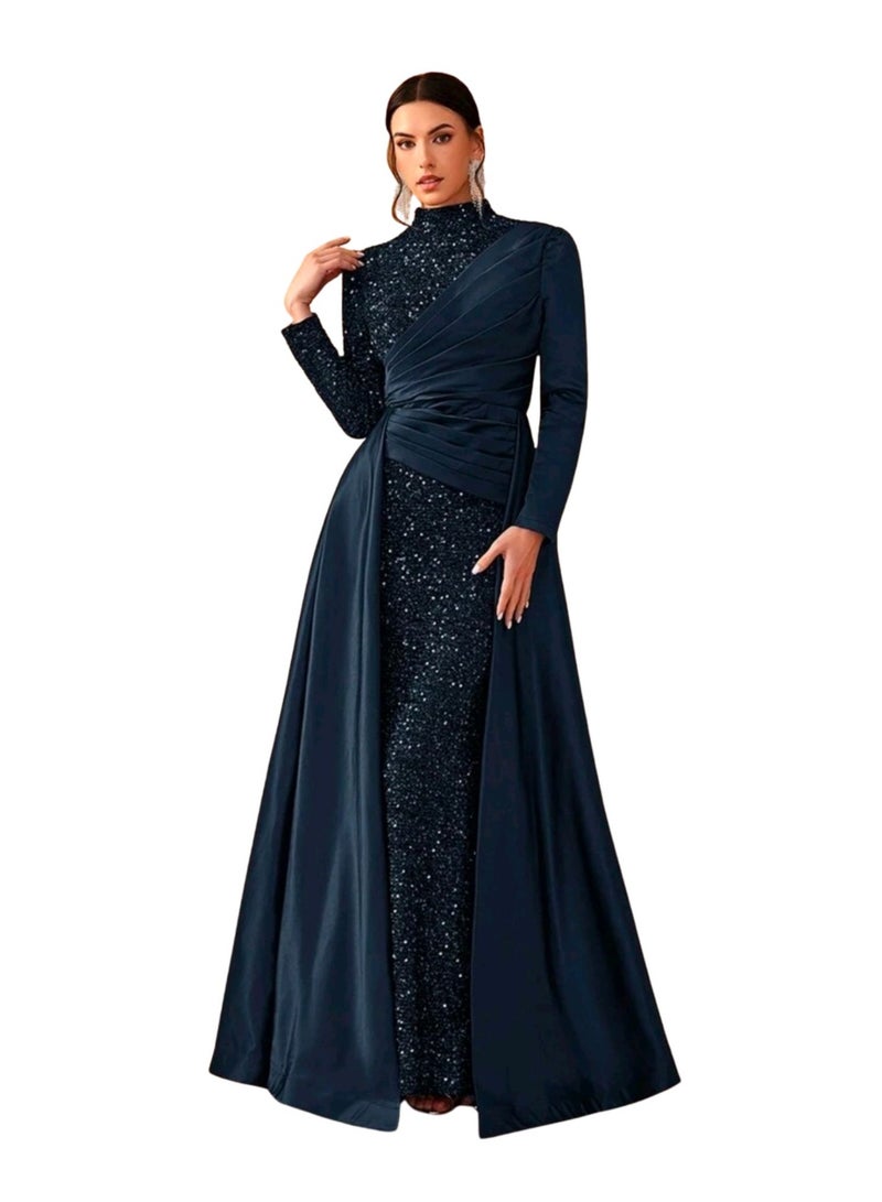 LokalMart Women's Navy Blue Sequin Satin Maxi Evening Gown with Overskirt, Medium - Image 3