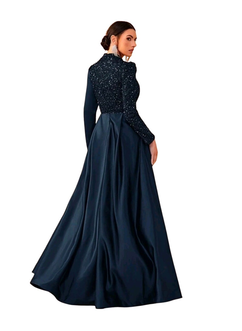 LokalMart Women's Navy Blue Sequin Satin Maxi Evening Gown with Overskirt, Medium - Image 1
