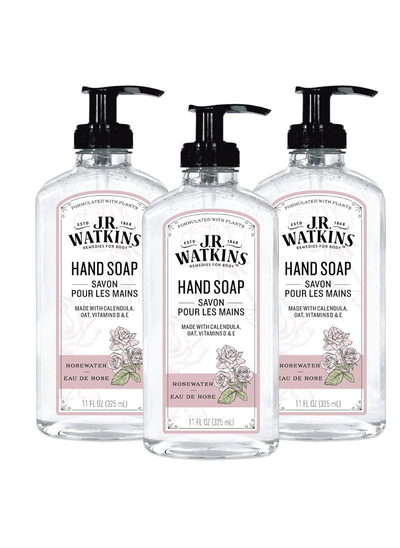 J.R.WATKINS J.R. Watkins Gel Hand Soap With Dispenser, Moisturizing Hand Wash, All Natural, Alcohol-Free, Cruelty-Free, USA Made, Rosewater, 11 Fl Oz (Pack of 3)  - Image 1