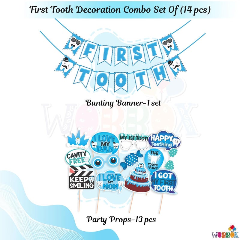 WOBBOX أدوات حفلة صور الأسنان الأولى من ووبوكس (13 قطعة) مع لافتة أسنان أولى، خط أنيق باللون الأزرق، زينة الأسنان الأولى، عناصر زينة الأسنان الأولى للرضع - Image 2